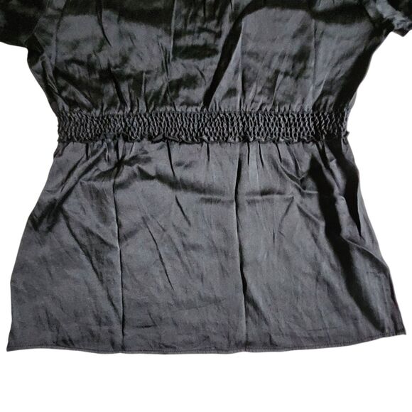 BCBGMAXAZRIA Black Silk Blend Short Sleeve V Neck Ruched Top Sz S - Picture 6 of 11